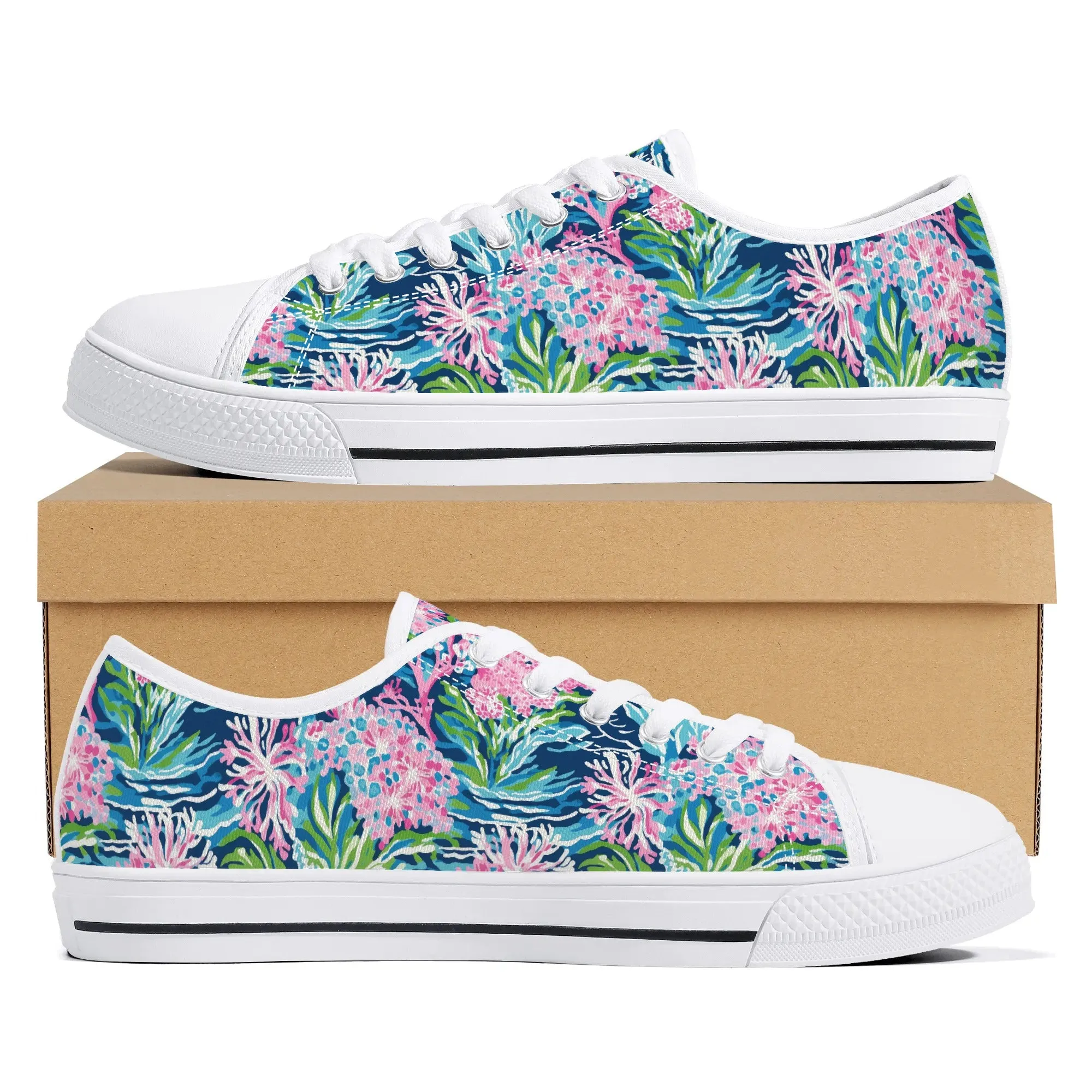 Blush Blossoms: Watercolor Water Garden Adorned with Pink Flowers Womens Low Top Canvas Sneakers US5.5 - US12