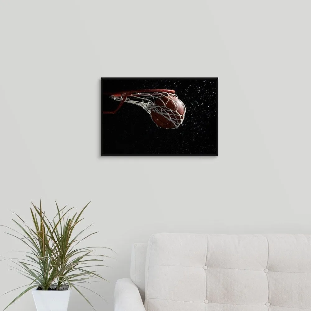 "Basketball going through hoop" Black Float Frame Canvas Art