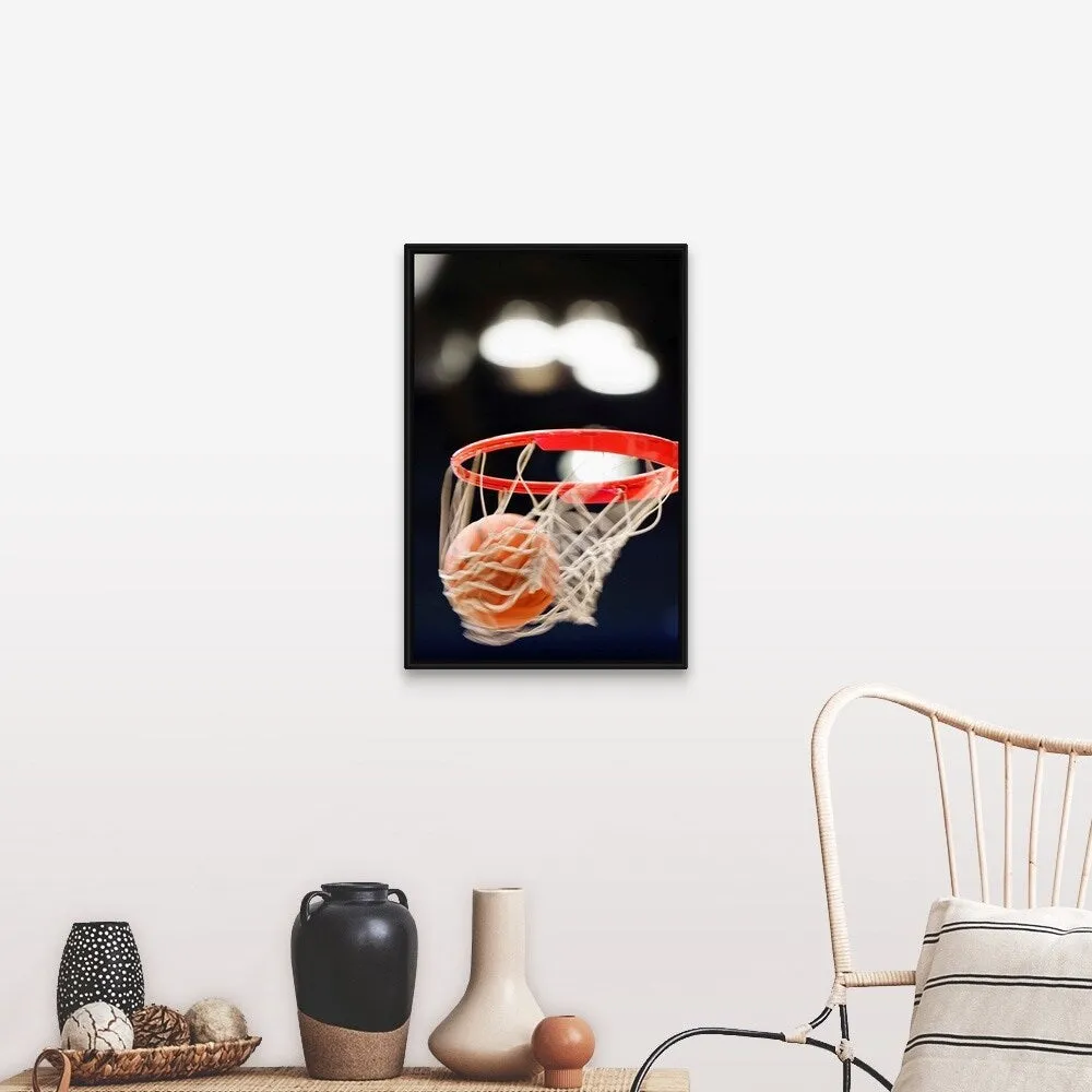 "Basketball in basket." Black Float Frame Canvas Art